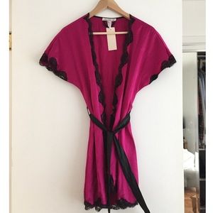 Hot Pink with Black Lace Satin Robe NWT